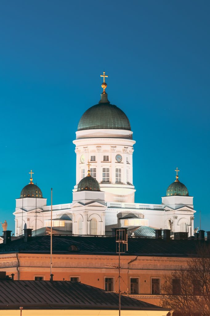 Helsinki, Finland. Senate Square With Lutheran Cathedral And Monument To Russian Emperor Alexander