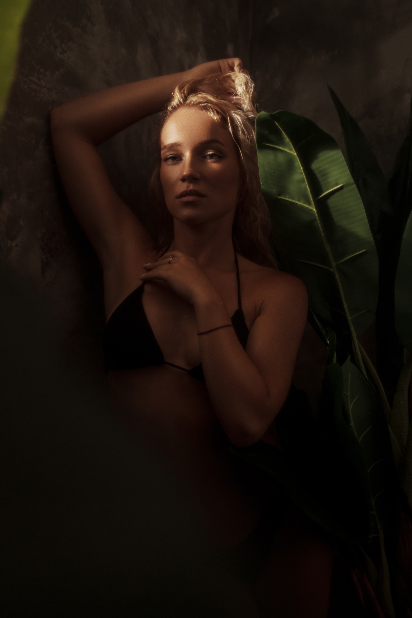 Stunning model in a black swimsuit surrounded by palm leaves, tropical concept