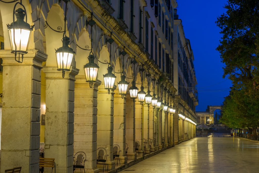 The historic center of Corfu town at night