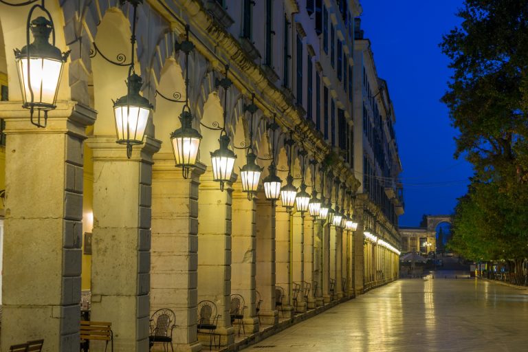 The historic center of Corfu town at night