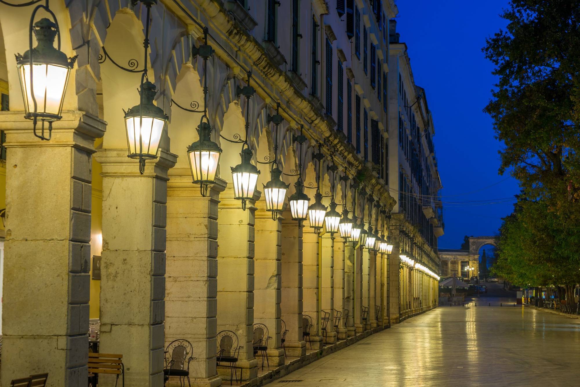The historic center of Corfu town at night